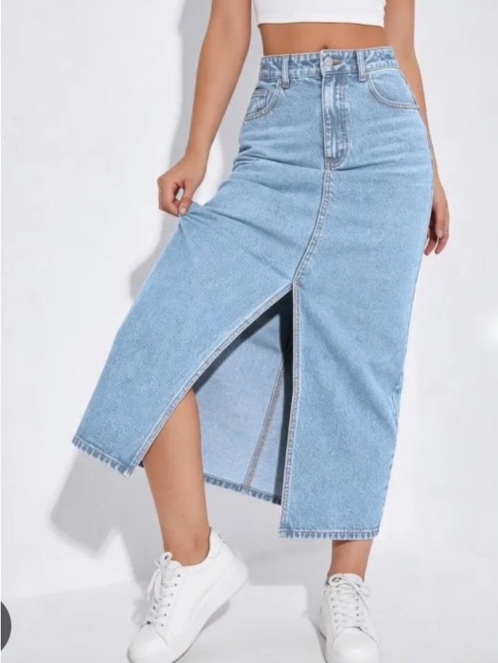 Altar'd State Light Blue Denim Maxi Skirt with Front Center Slit